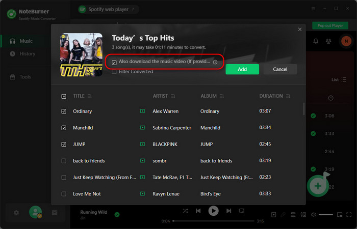 agregar spotify video playlist a noteburner