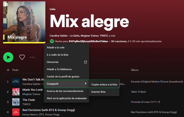 copiar lista de reproducción url desde web