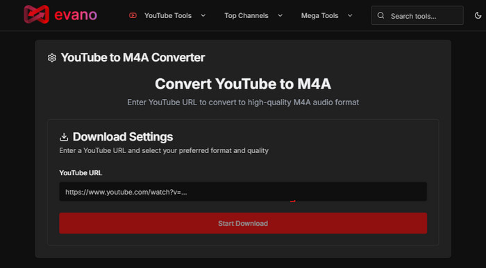 Evano – Convertidor YouTube a m4a
