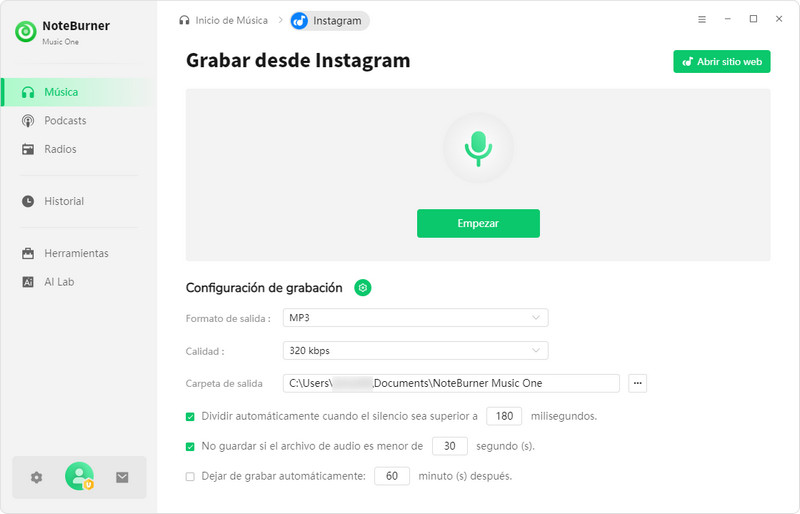 NoteBurner Music One Grabar Audio de Instagram en MP3