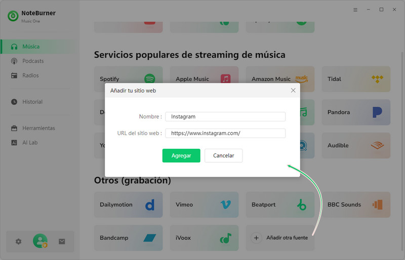 NoteBurner Music One Agregar la URL Instagram