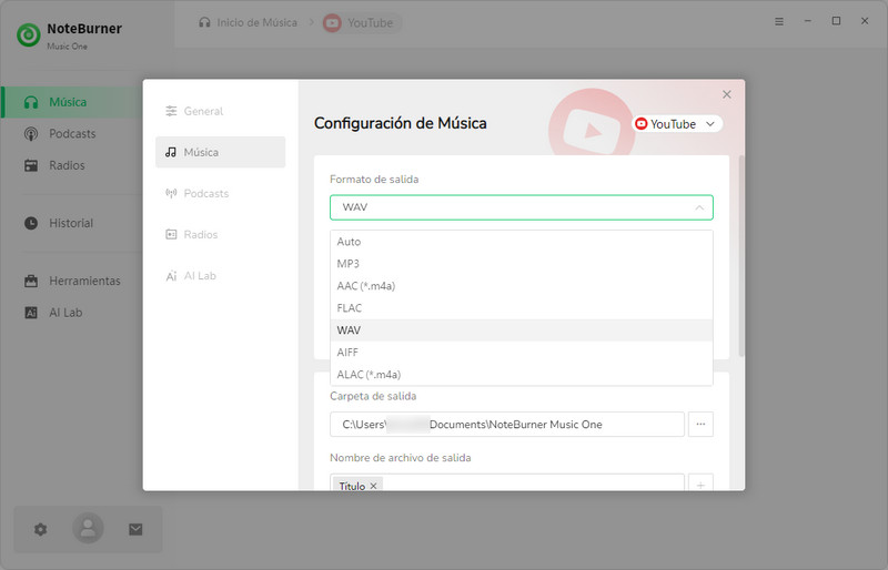 NoteBurner Music One – Convertidor de YouTube a WAV sin pérdida