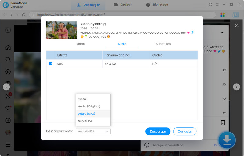 SameMovie Instagram descargar audio mp3