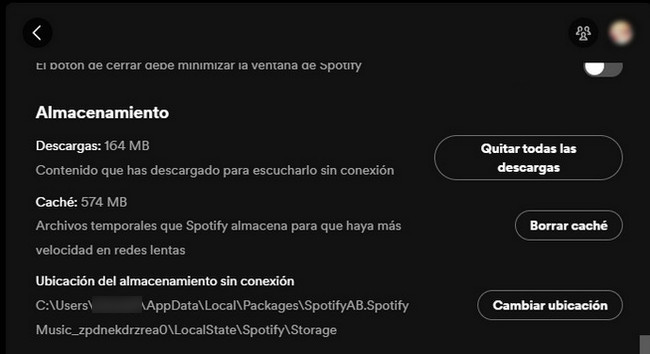 ubicación de almacenamiento sin conexión en spotify