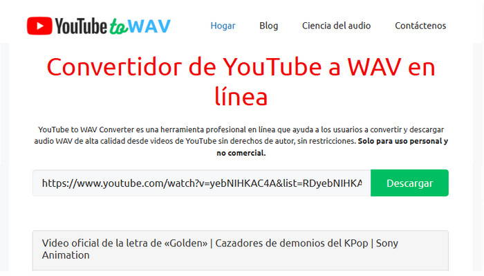 YouTubeToWAV.com – Convertidor de YouTube a WAV en línea