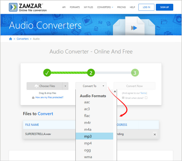 Zamzar conversor a MP3 en línea