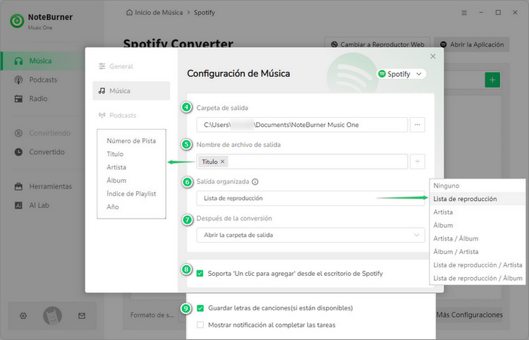 NoteBurner Music One Ajustes
