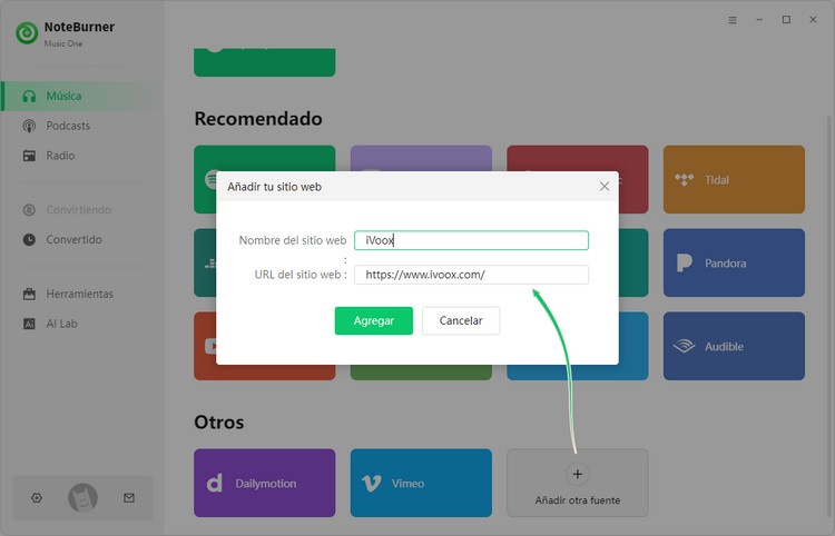 NoteBurner Music One agregar otra fuente