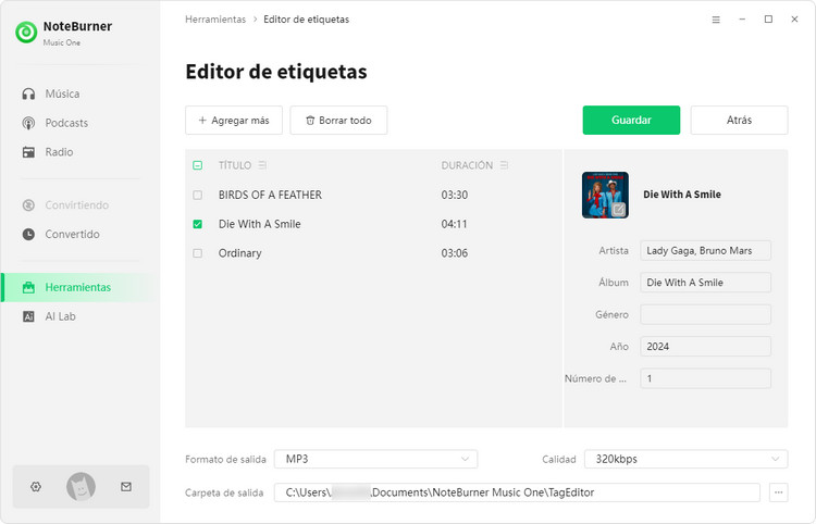 NoteBurner editar etiquetas ID