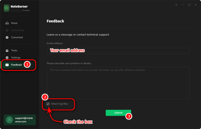 send log files via feedback