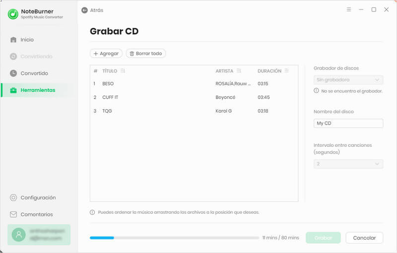 Grabar las canciones de Spotify en CD